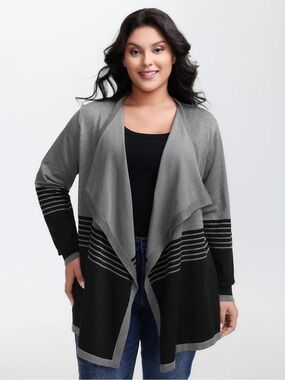 New BloomChic Supersoft Stripes Asymmetrical Collar Knit Grey Striped Cardigan